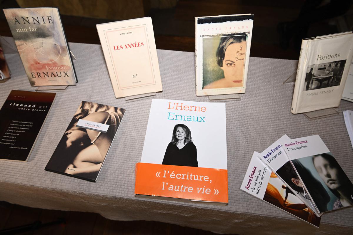 Books by French author Anne Arnoux are on display at the Swedish Academy following the announcement that Arnoux is the winner of the 2022 Nobel Prize in Literature this year.