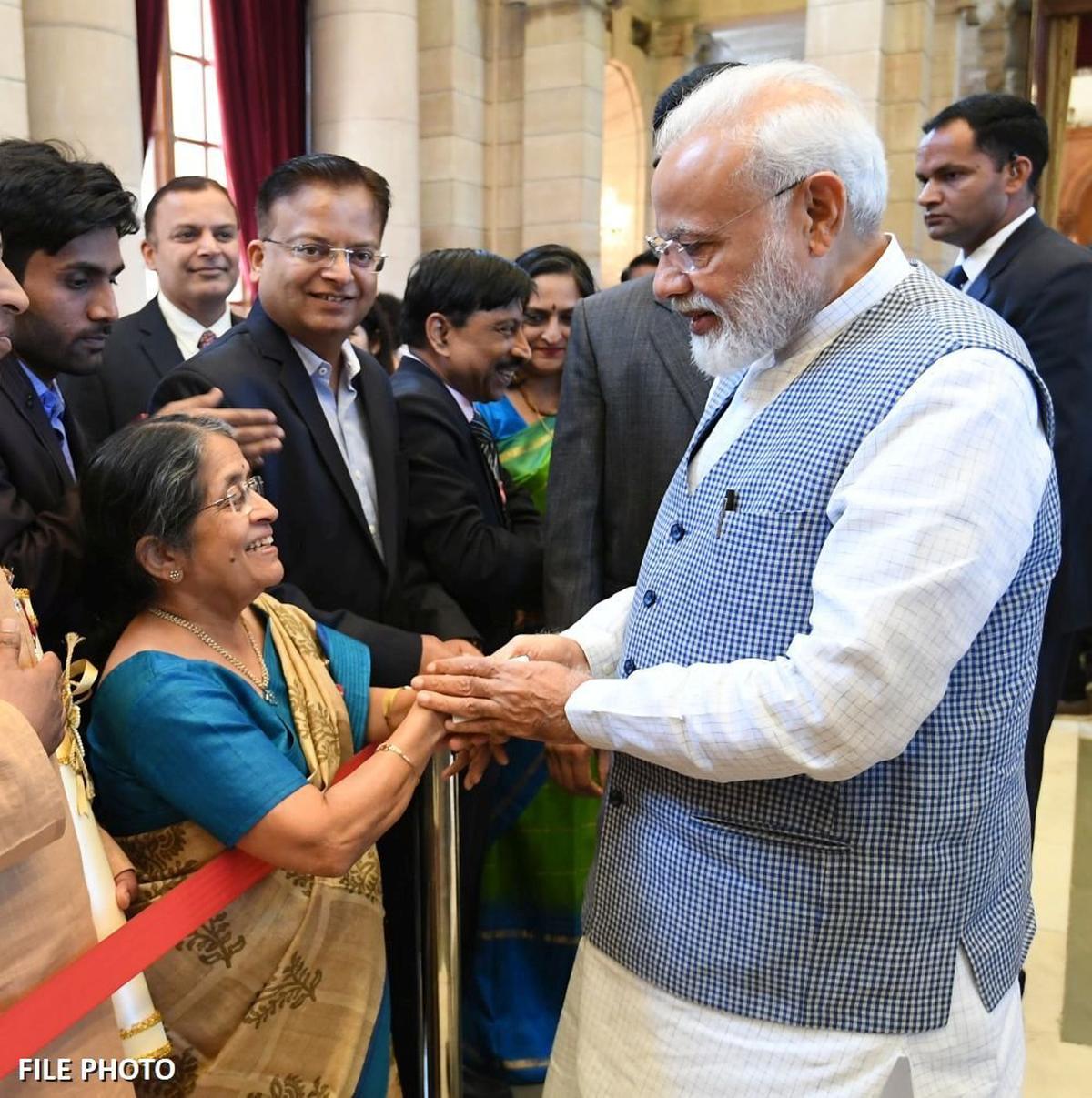 A file photo of Prime Minister Narendra Modi interacting with noted physicist Rohini Godbole.