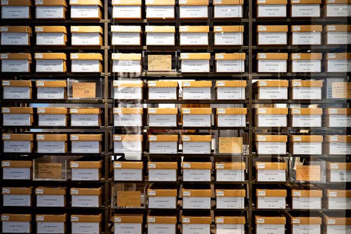 A photograph taken at the National Holocaust Museum in Amsterdam on March 5, 2024, shows box files containing the names and other details of Jewish people in the Netherlands, delivered to Dutch bureaucracy and to the Nazis, during a press preview ahead of its opening.