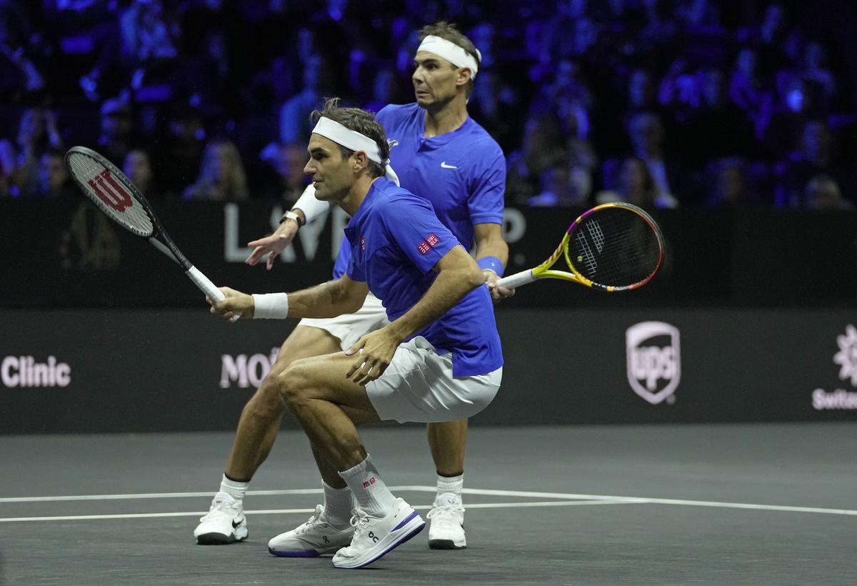Team Europe’s Roger Federer and Rafael Nadal in action.