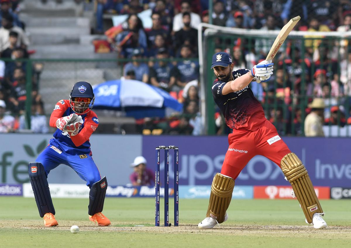 Virat Kohli in action during the TATA IPL 2023 match between Royal Challengers and Delhi Capitals at the M. Chinnaswamy stadium in Bengaluru on April 15, 2023.