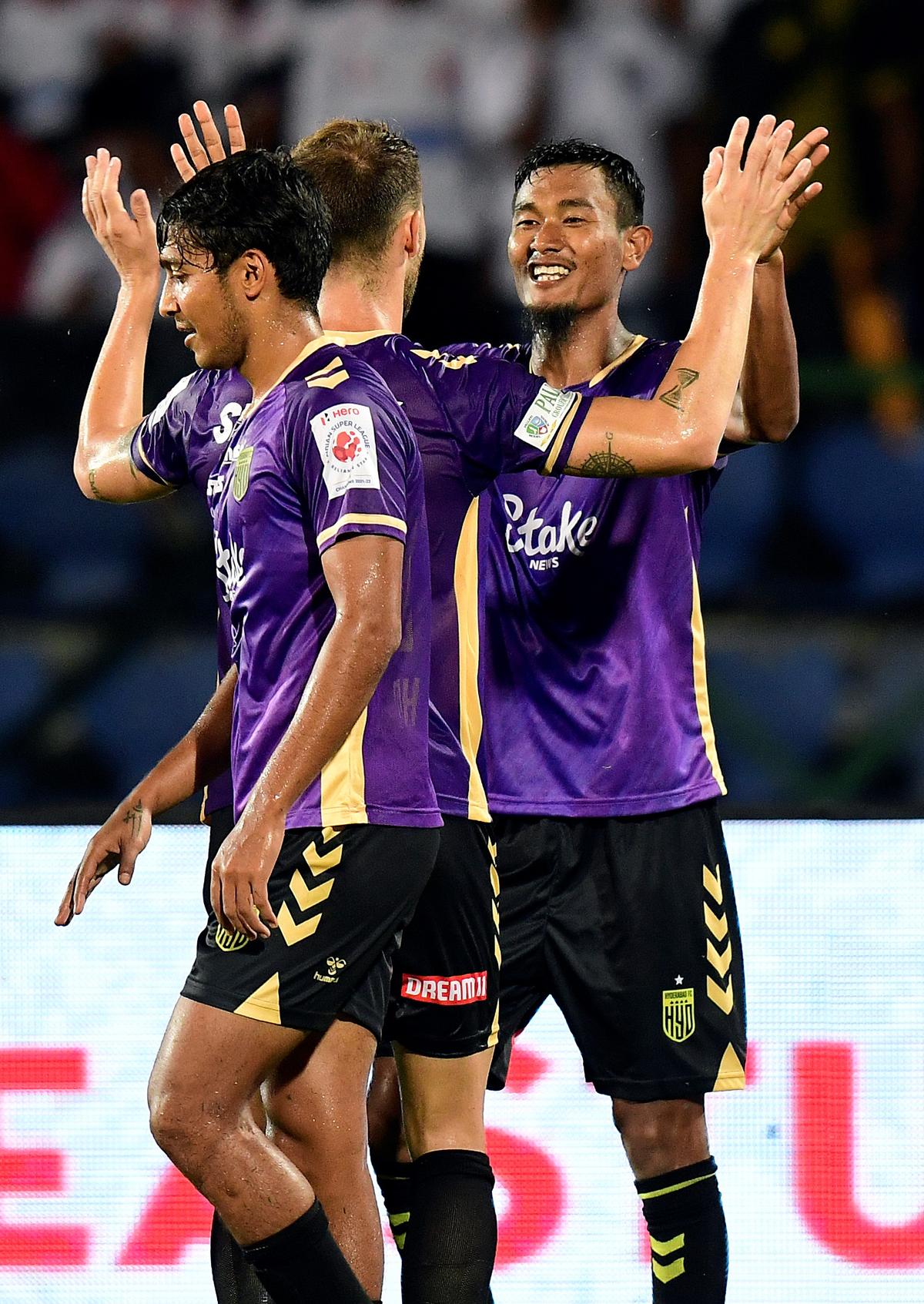 Midfielder Halicharan Narzary, right, of Hyderabad FC who scored the second goal against NorthEast United FC in Guwahati on Thursday, 13 October 2022. 