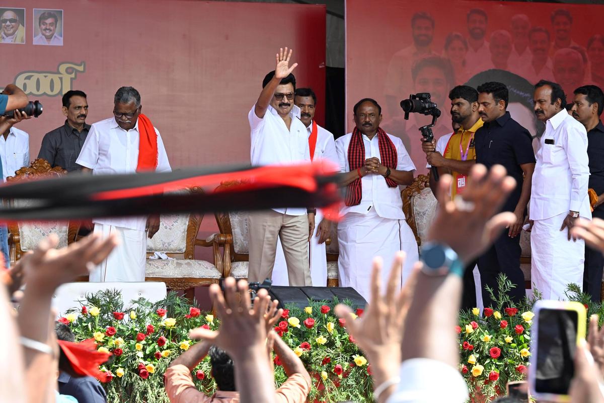 Chief Minister and DMK president M.K. Stalin waving at the crowd during an election campaign meeting in Erode on April 2, 2026