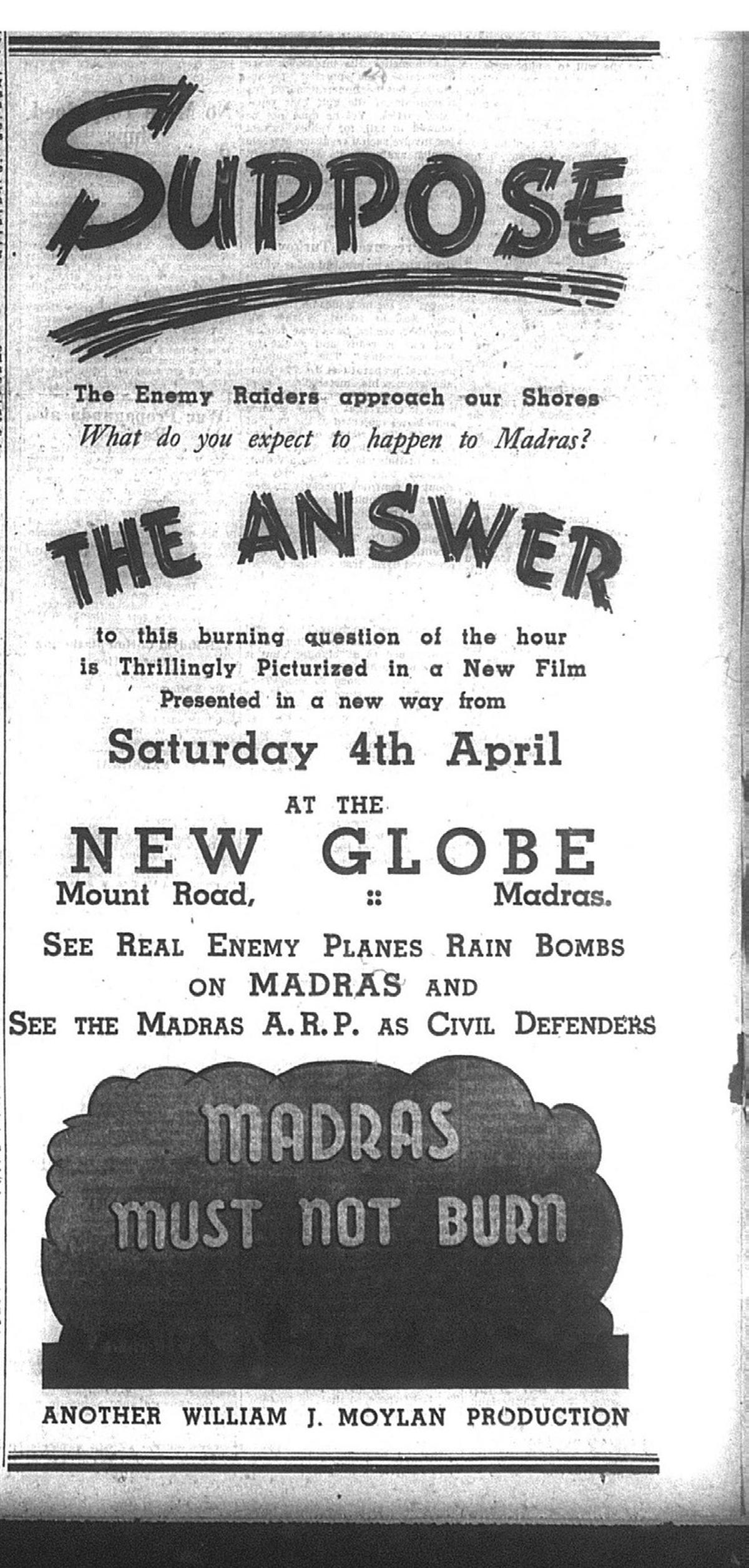 A front-page advertisement in the Mail (April 5, 1942) of a film that combined thrilling visuals of air raids on Madras with ARP messaging.