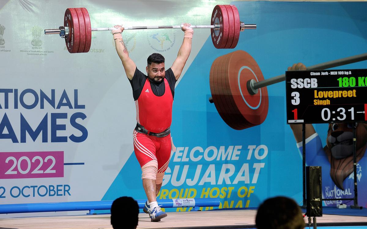 Lovepreet Singh gold medal winner in the 109kg  men’s weightlifting at the 36th National Games 2022 in Gandhinagar on Monday, October 3, 2022.  