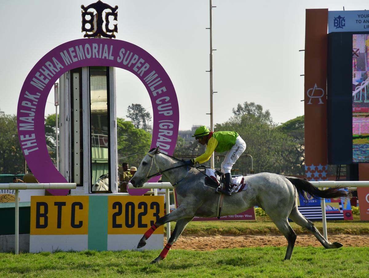 Northern Lights (P.S. Chouhan up) coasting to victory in the Maj. P. K. Mehra Memorial Super Mile Cup at the Bangalore Turf Club in Bengaluru on March 05, 2023.  