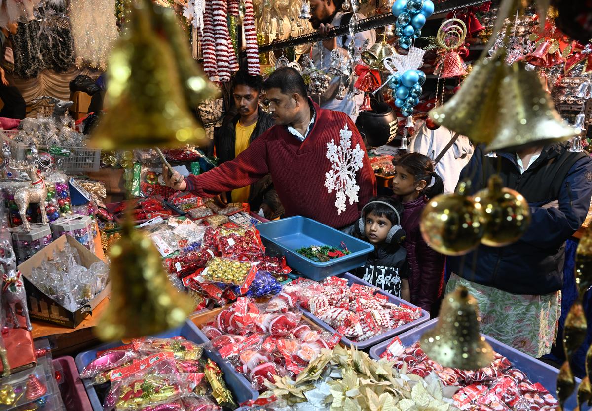 Decorative items being kept for sale at a shop in Shivajinagar in Bengaluru, ahead of Christmas celebrations.