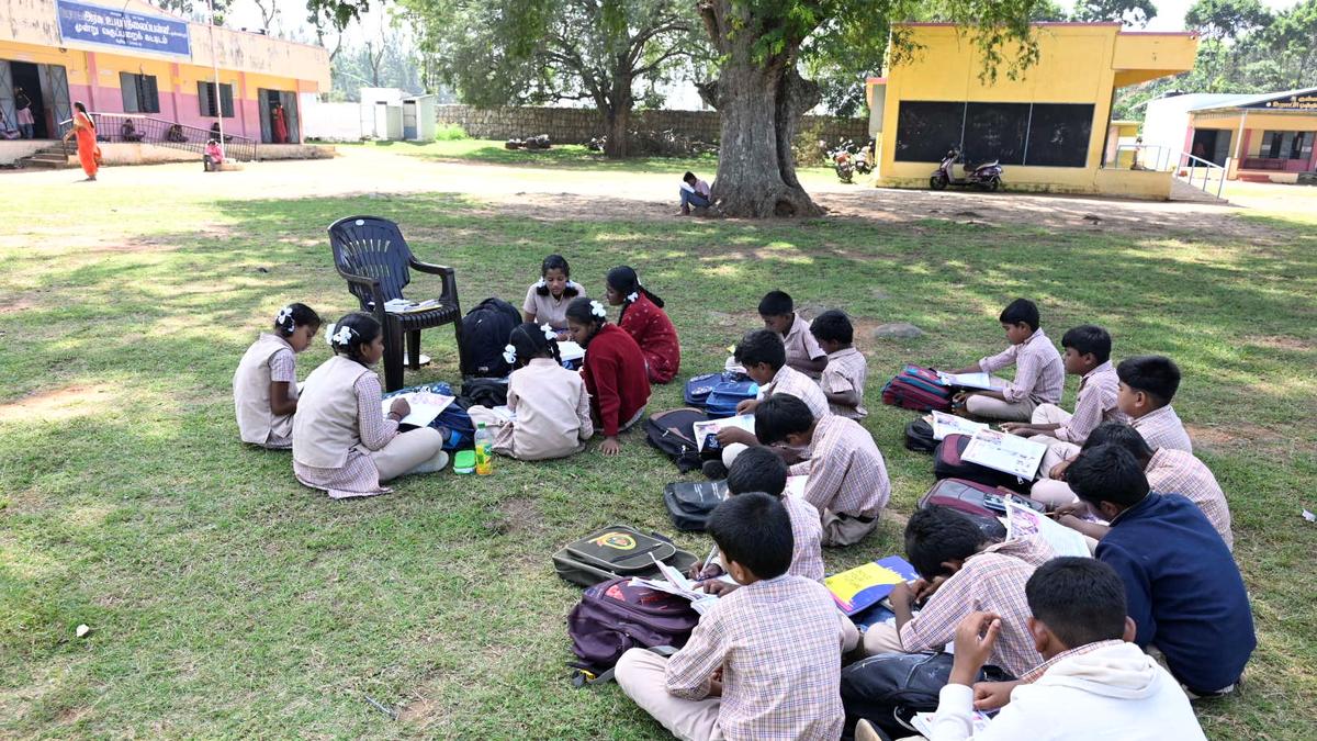 Students forced sit in the open as government high school at Talavadi Hills in Erode lacks classrooms and basic amenities