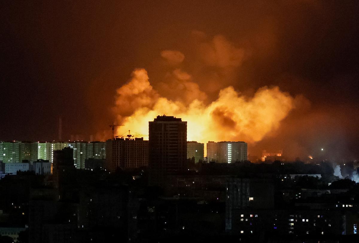 Amidst the Russian attack in Ukraine in Ukraine on May 24, 2025, an explosion of a drone during the Russian drone strikes a Russian drone lights the sky during the strike.