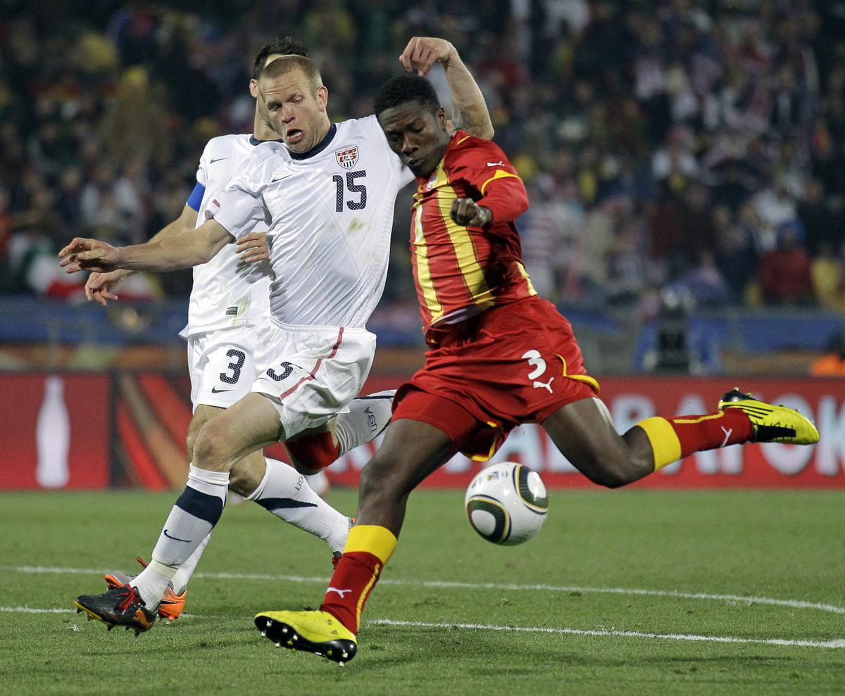 Ghana's Asamoah Gyan scores a goal during the World Cup round of 16 soccer match between the United States and Ghana at Royal Bafokeng Stadium in Rustenburg, South Africa, Saturday, June 26, 2010.  (AP Photo/Matt Dunham)
