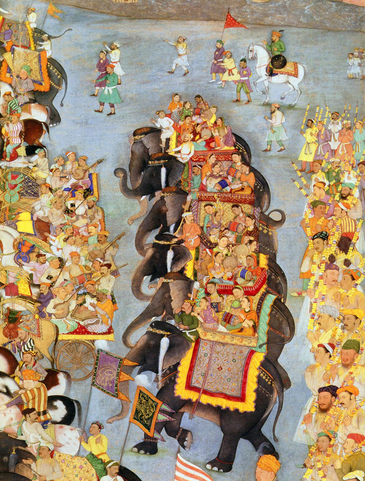 A painting that shows an early 17th-century ceremony in which musicians, elephants, guests on horseback and servants carry a tray of gifts to the home of the bride of Prince Dara Shikoh, heir to the Mughal throne. 