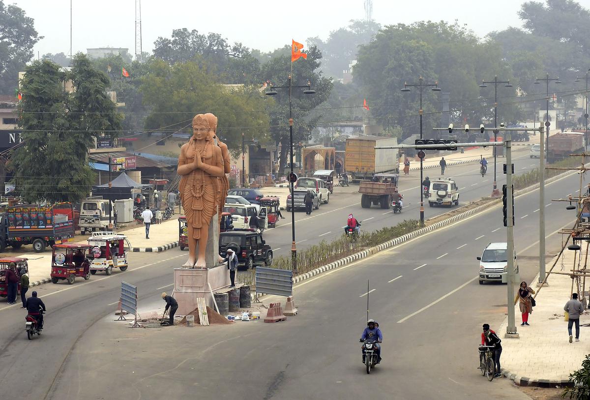 An entry point to the city being prepared to the city ahead of the consecration of the Ram Mandir, at Sahadatganj in Ayodhya.