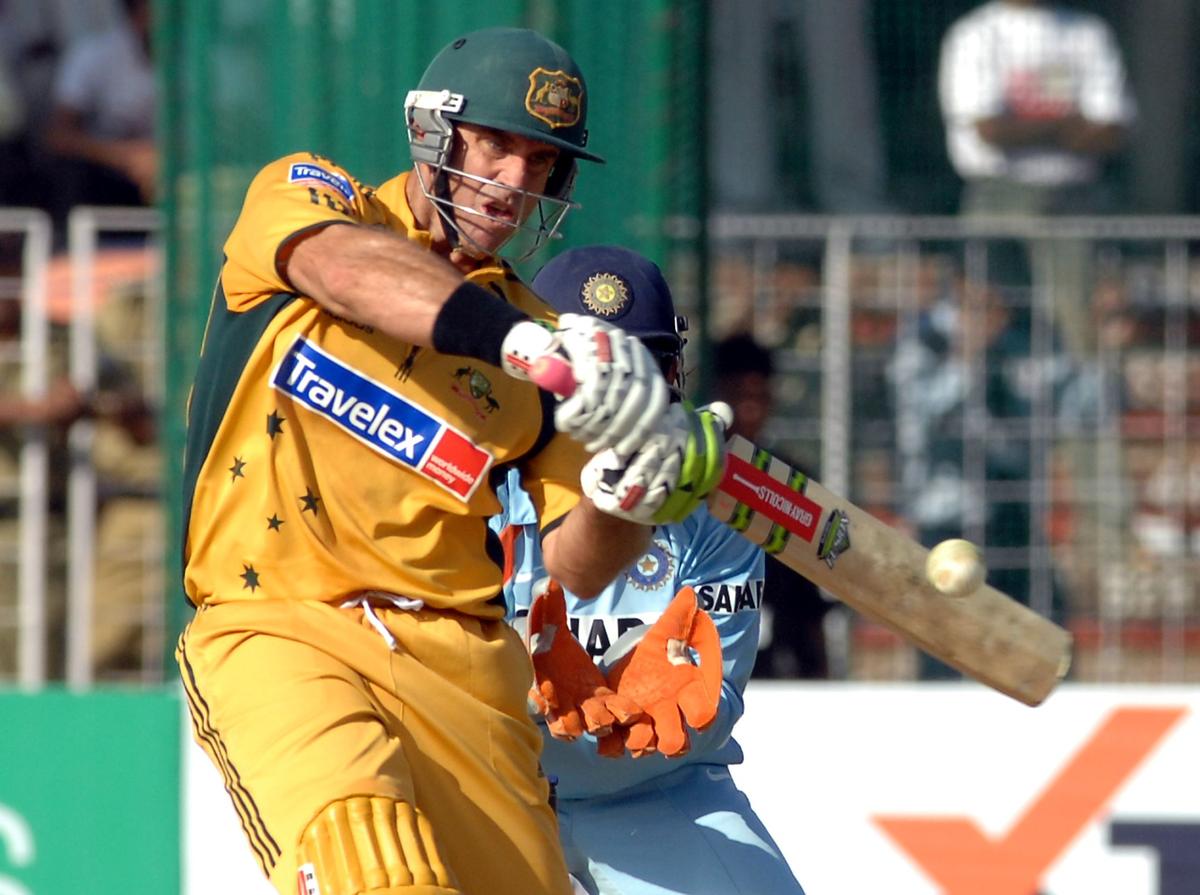 Australia’s Matthew Hayden hits a four during the fourth one-day international cricket match between Australia and India at Sector 16 stadium in Chandigarh, October 08, 2007. 
