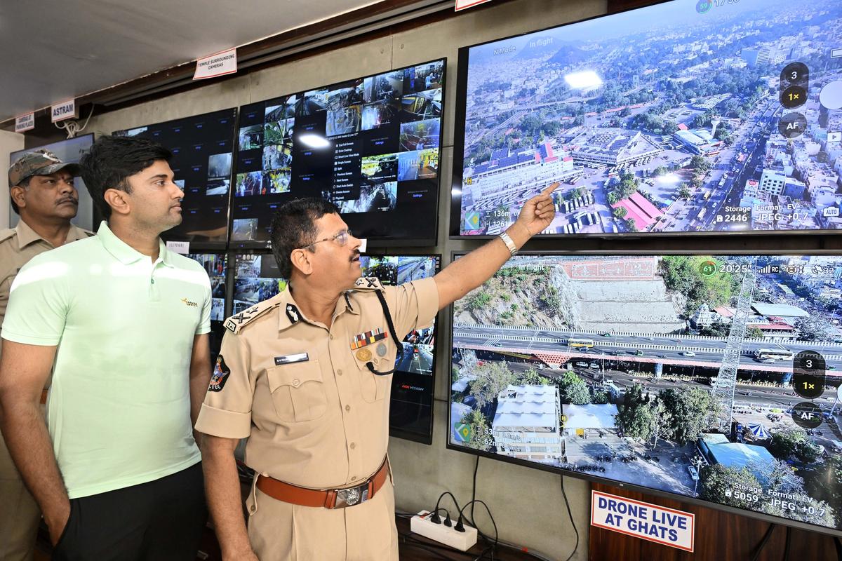 Police Commissioner S.V. Rajashekar Babu, VMC Commissioner H.M. Dhyanachandra at the control room in Vijayawada on Saturday.