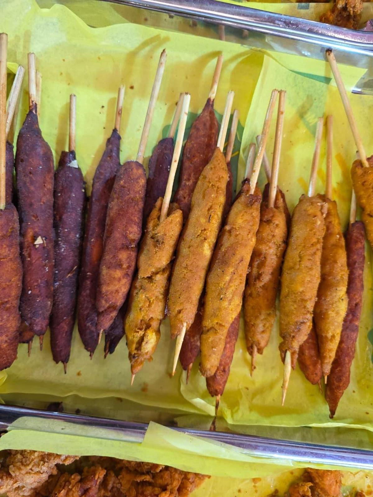Hot spicy seekh kebabs displayed at Ramzan Nights food Park near Simmakkal, Madurai.