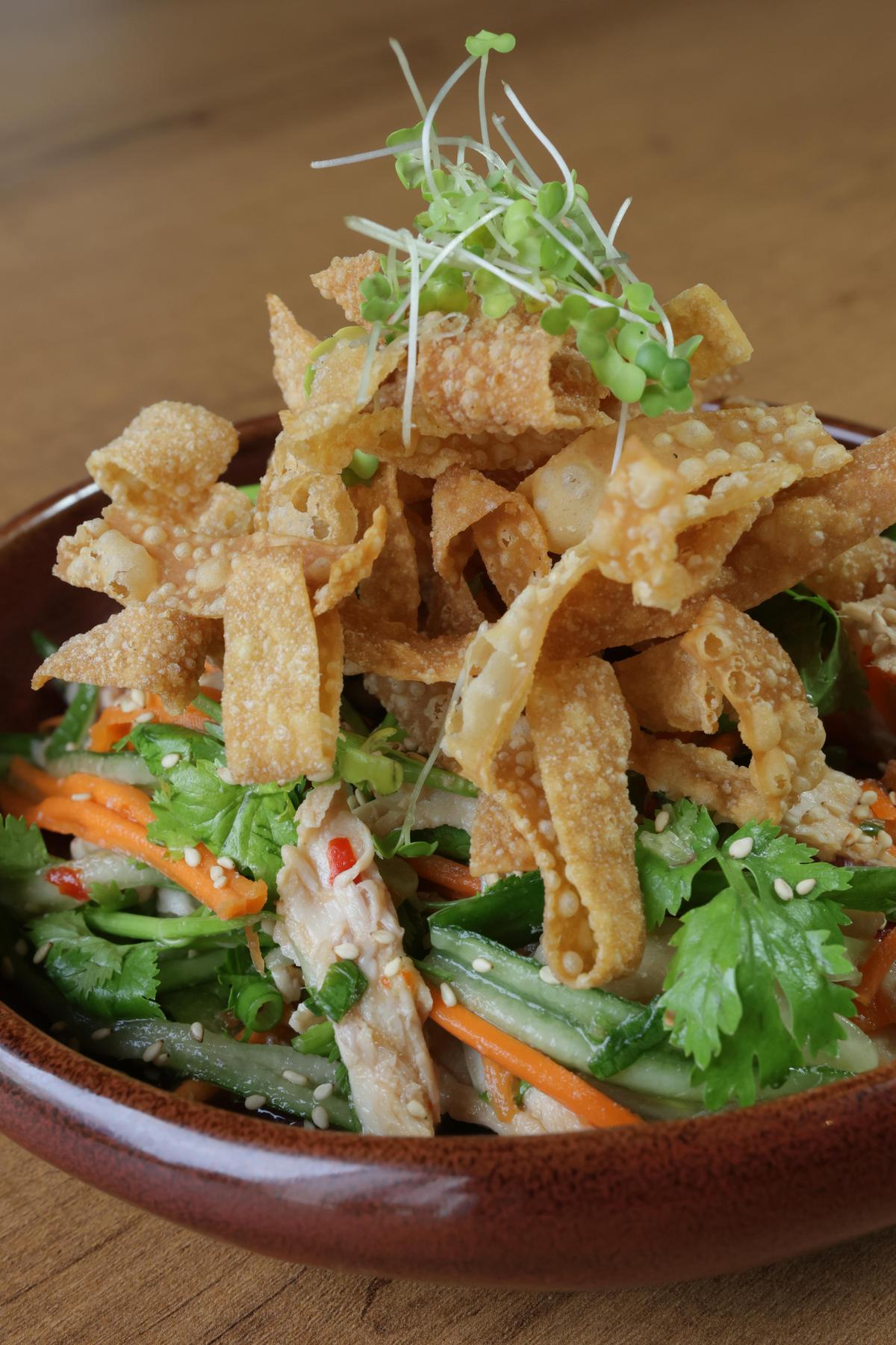 Pulled chicken and crisp wonton salad