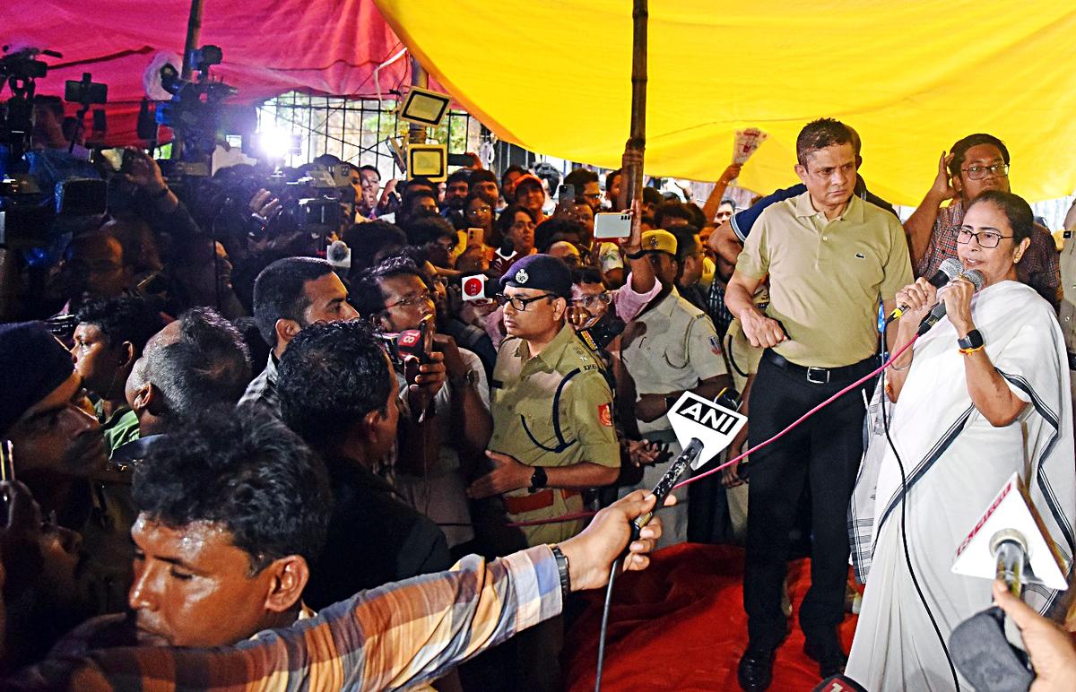 West Bengal Chief Minister Mamata Banerjee addresses doctors who held protests against the alleged sexual assault and murder of a trainee doctor at the R.G. Kar Hospital in Kolkata.