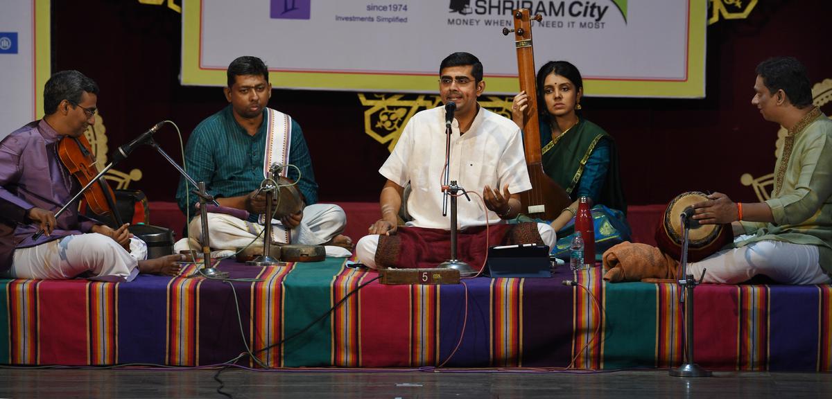 Sikkil Gurucharan with L. Ramakrishnan on the violin, Delhi Sairam on the mridangam and B.S. Purushotham on the kanjira during his concert at Karthik Fine Arts music festival 2022, held in 