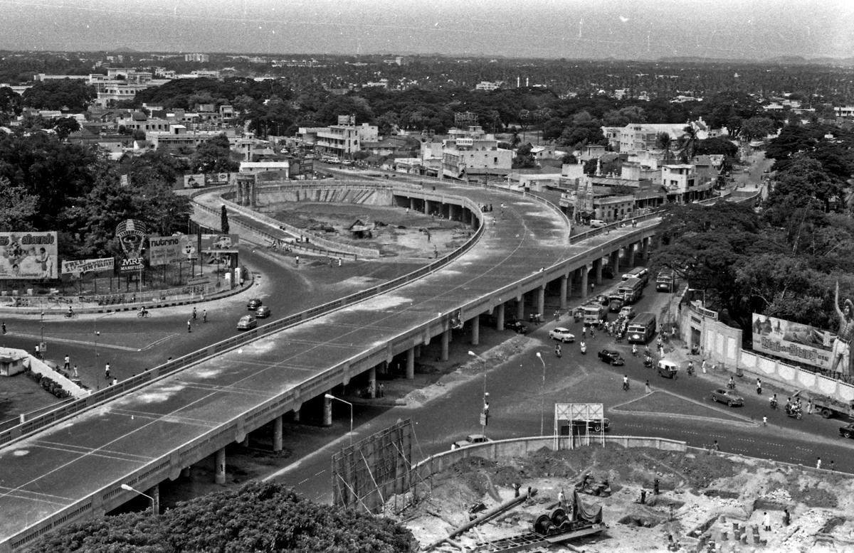 An aerial view of the flyover, the first in Chennai and India’s longest at the time, under construction at Gemini Circle in Mount Road on June 9, 1973 An aerial view of the flyover, the first in Chennai and India’s longest at the time, under construction at Gemini Circle in Mount Road on June 9, 1973