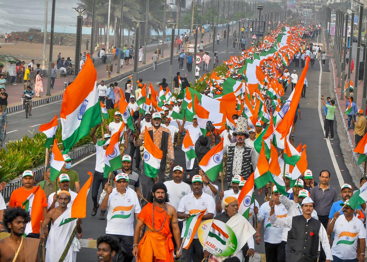 Thousands of people participating in the flag rally at the Beach Road in Visakhapatnam.