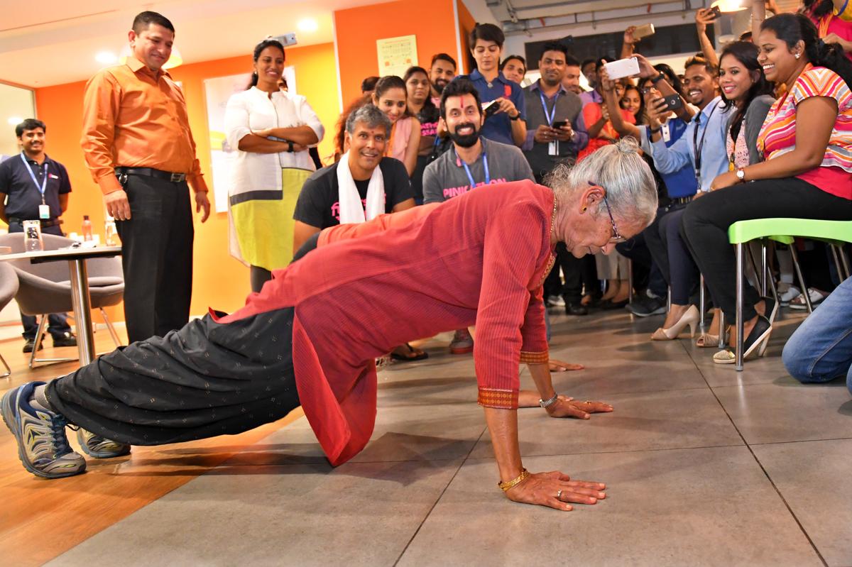Usha Soman doing push ups in Visakhapatnam in 2018. She was 78 then. 