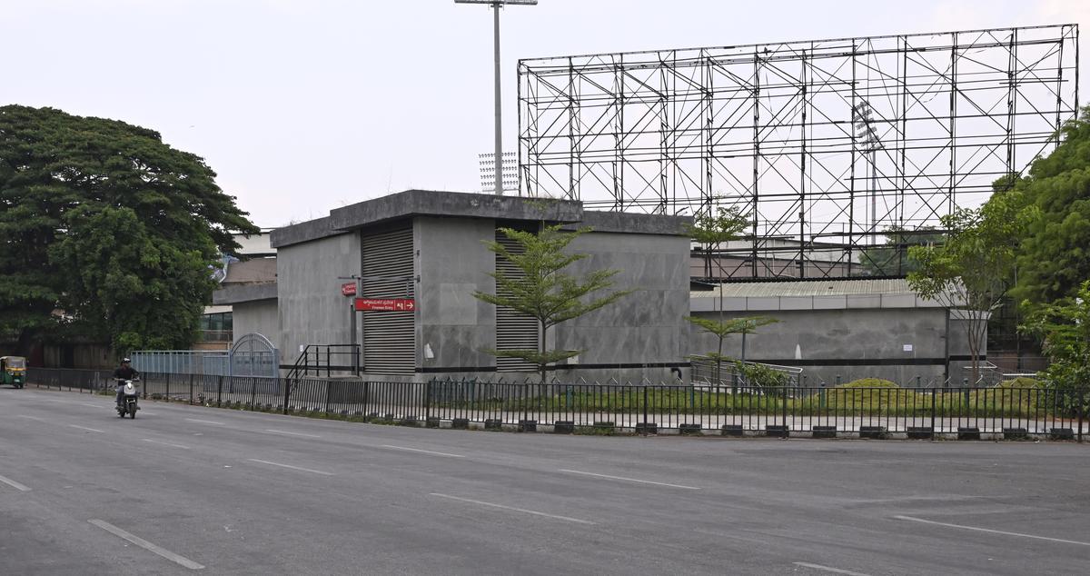 Railing erected on the footpath around Chinnaswamy for crowd control during IPL cricket matches, in Bengaluru. 