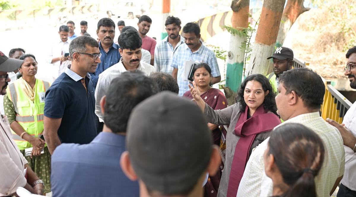 Cyberabad Municipal Corporation (CMC) Commissioner G. Srijana inspecting the debris site in Gachibowli. Photo: Special Arrangement