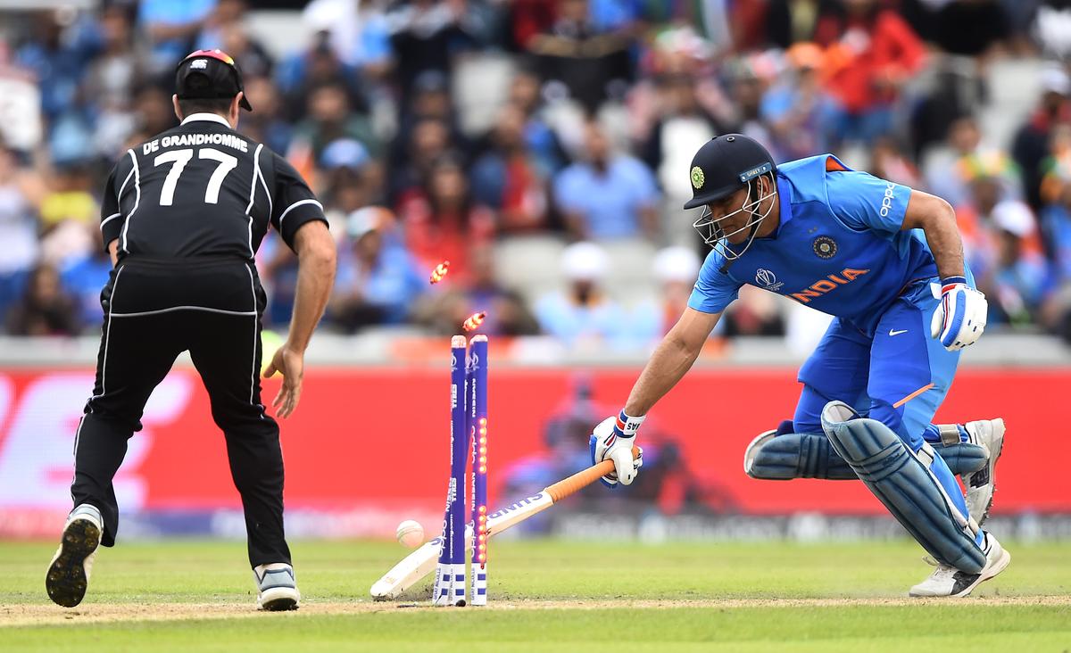 M.S. Dhoni is caught short of his crease by a Martin Guptill direct hit in the semifinals of the 2019 World Cup. M.S. Dhoni is caught short of his crease by a Martin Guptill direct hit in the semifinals of the 2019 World Cup.