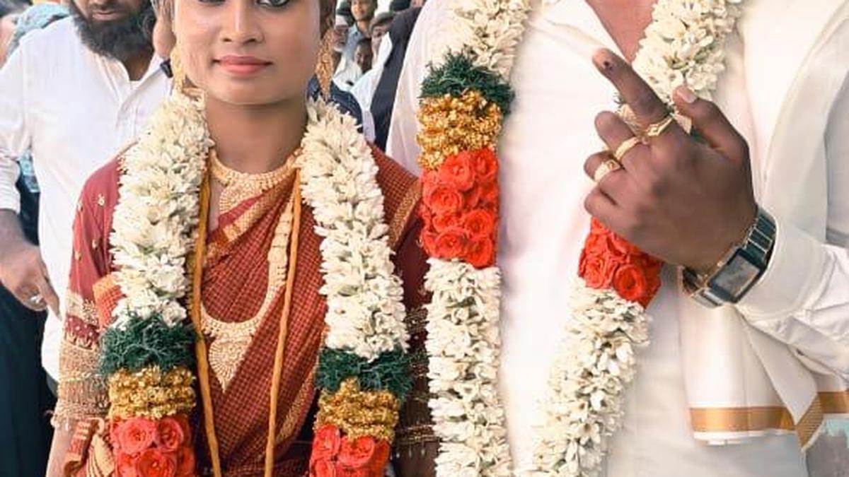 Three newly-married couples come in wedding finery to vote in Tiruvallur district