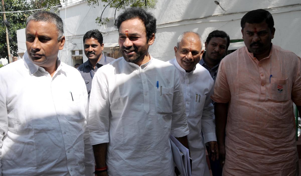 
Former MLA and Bharatiya Janata Party vice president N.V.S.S. Prabhakar (on the right) along with Telangana BJP president G. Kishan Reddy and others. File