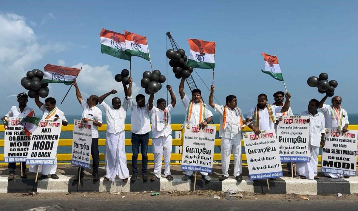 Members of  Congress Fishermen wing staging a demonstration in Pamban road bridge against Prime Minister Narendra Modi on January 21, 2024.