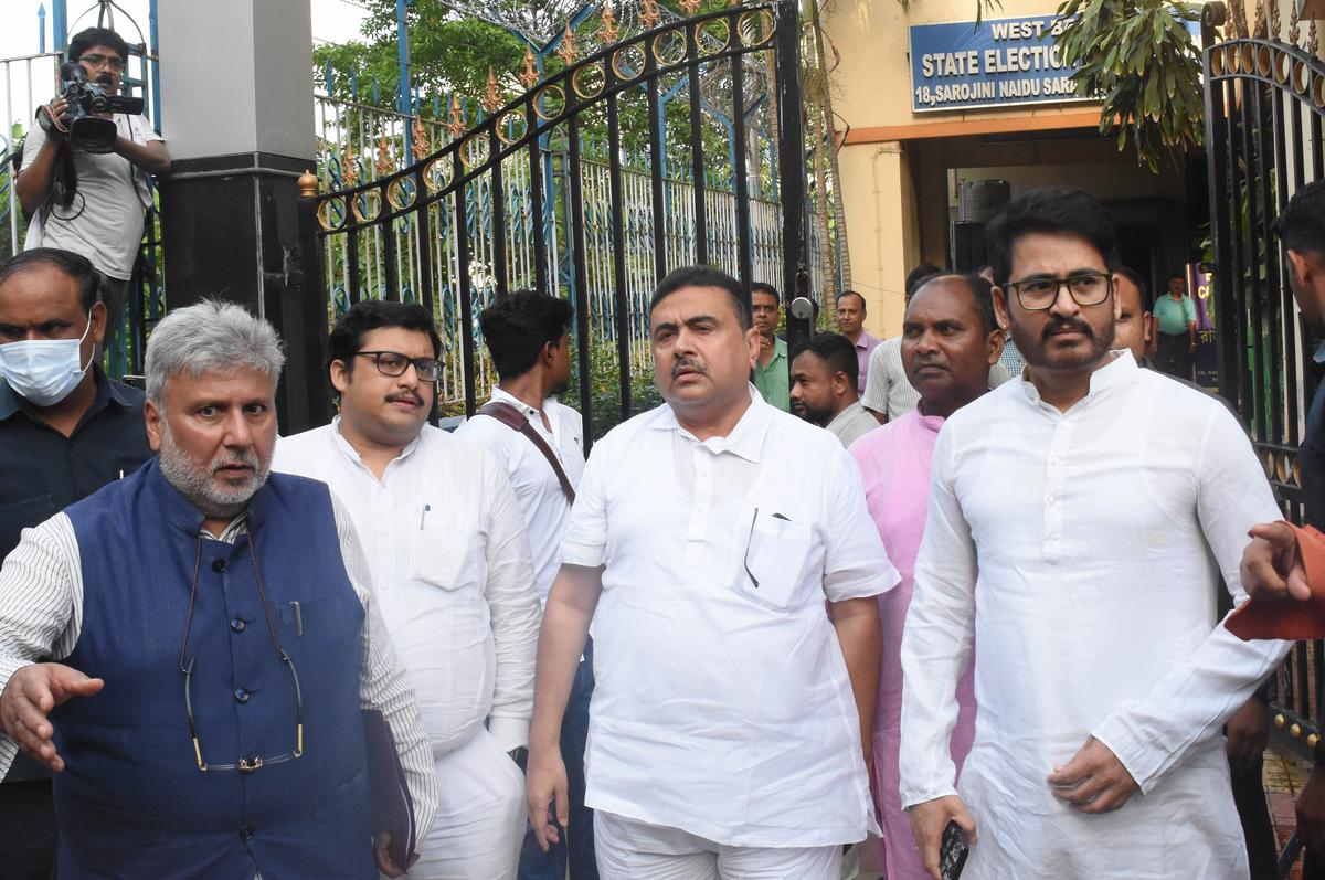 Suvendu Adhikari held a demonstration outside the office of West Bengal State Election Commission in Kolkata on June 14, 2023.