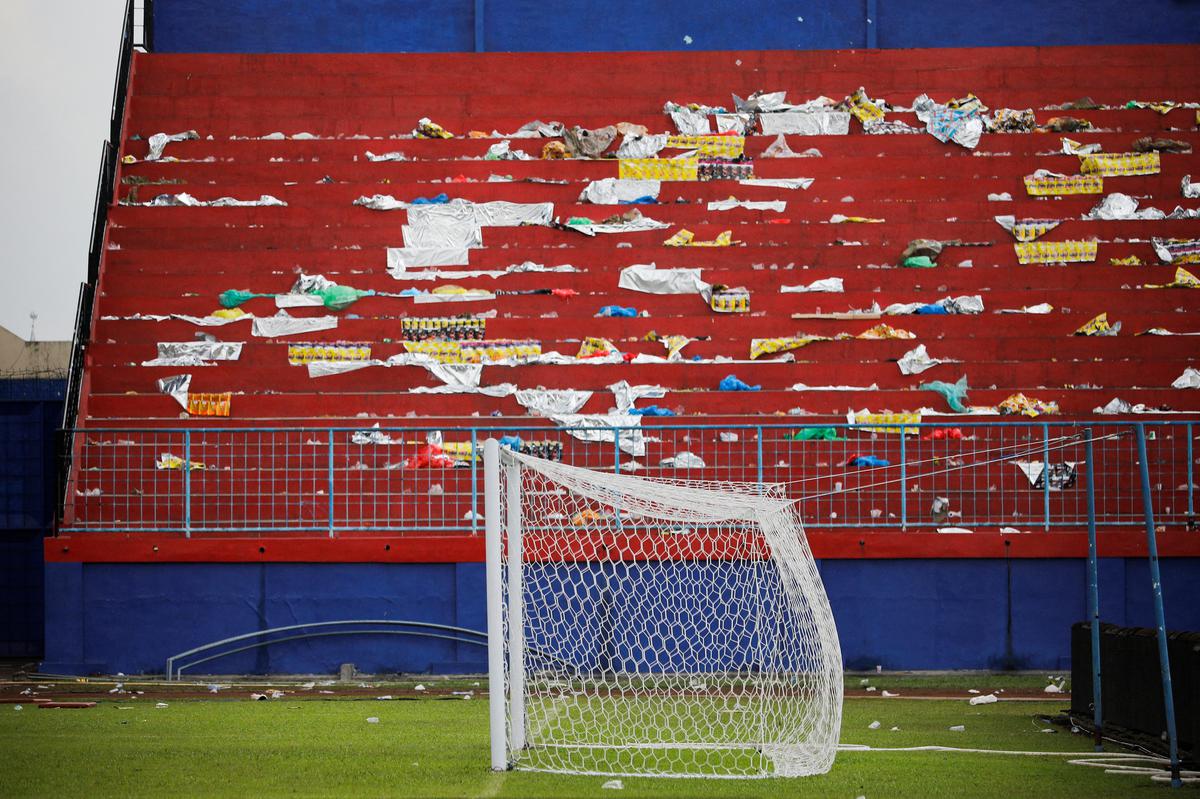 A goalpost is seen after a riot and stampede following soccer matches between Arema vs Persebaya at Kanjuruhan stadium in Malang, East Java province, Indonesia on October 2, 2022.