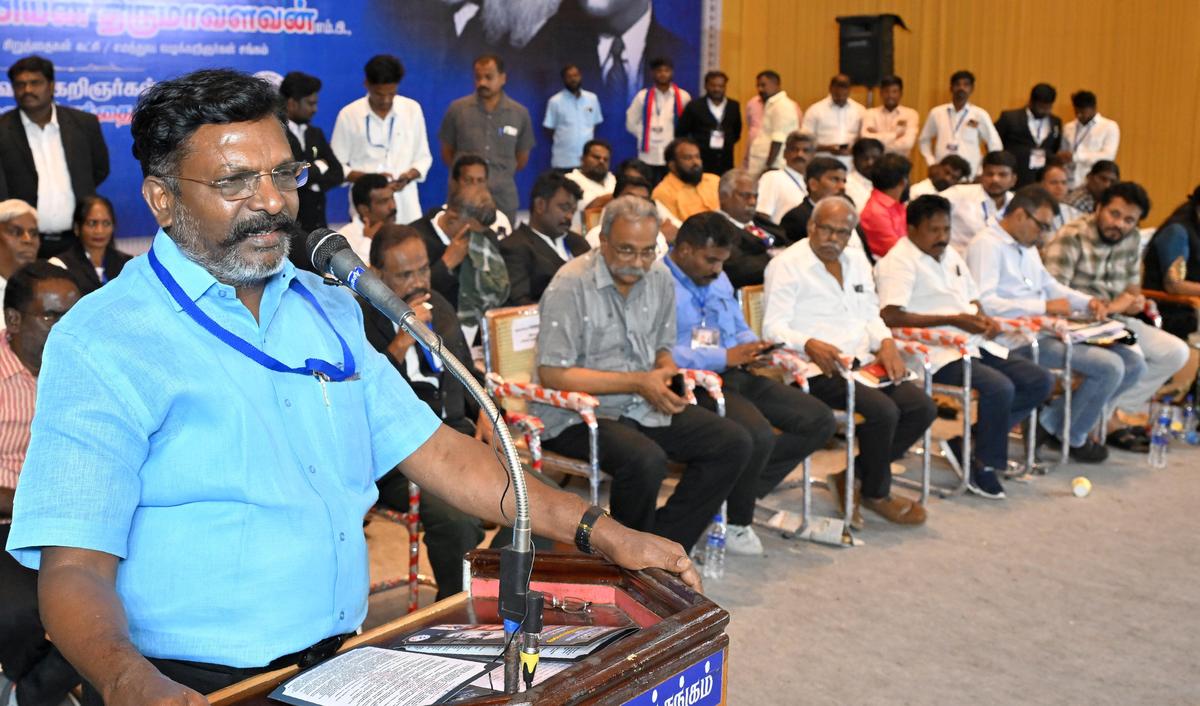 Vidhuthalai Chiruthaigal Katchi founder and MP Thol. Thirumavalavan speaking at a State conference organised by Equality Lawyers Association, in Madurai on Wednesday. 