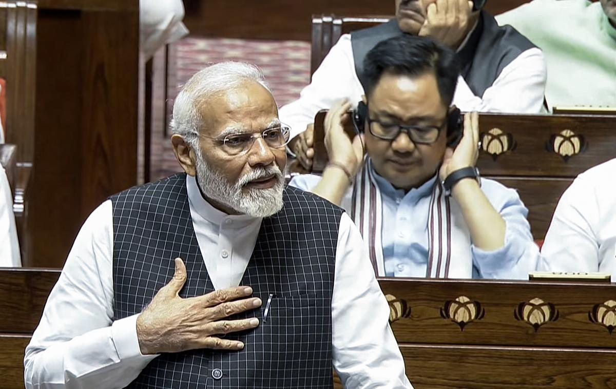 Prime Minister Narendra Modi addresses the Rajya Sabha on the motion of thanks to the President's address, in New Delhi on July 3, 2024.