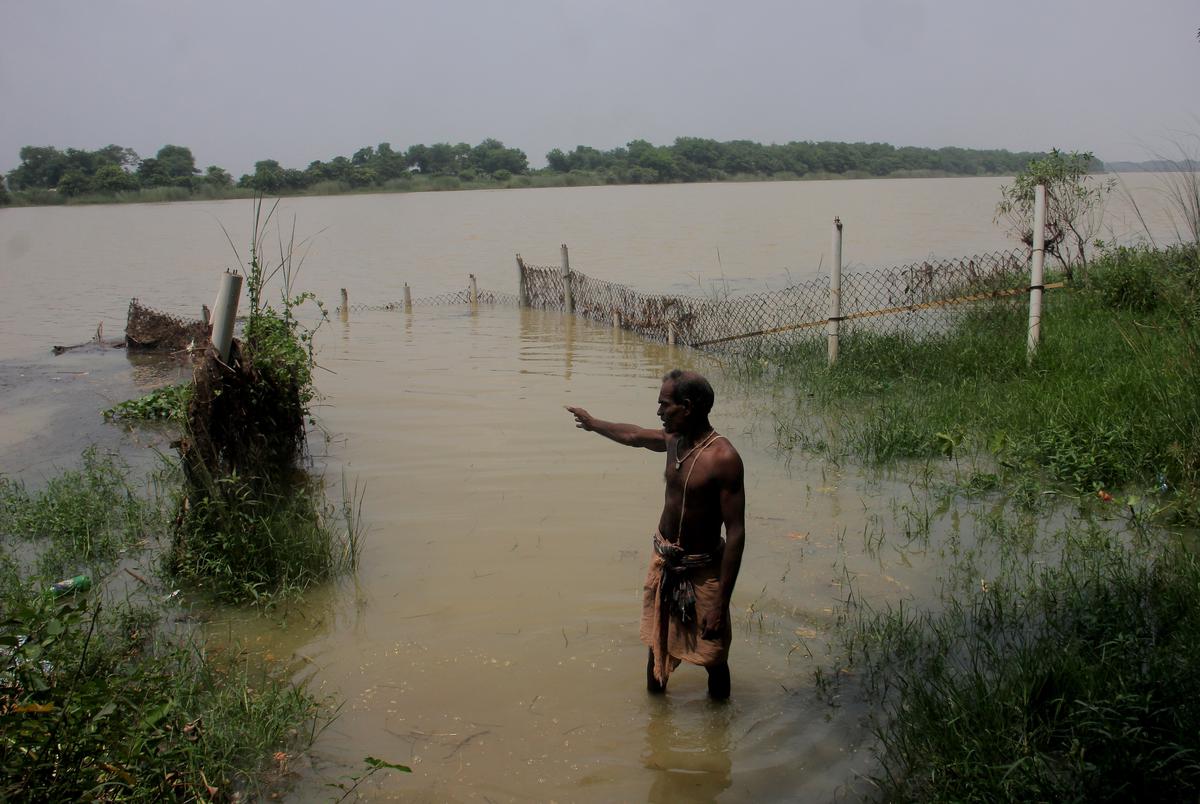 A man near a barricaded bathing ghat, which is a safe zone as crocodiles cannot enter the enclosures.