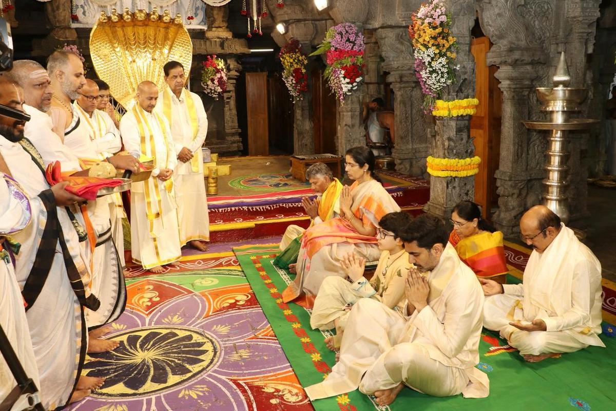 Chief Minister N Chandrababu Naidu and his family members receiving the Vedashirvachanams at the temple of Lord Venkateswara on Tirumala on Saturday. Chief Minister N Chandrababu Naidu and his family members receiving the Vedashirvachanams at the temple of Lord Venkateswara on Tirumala on Saturday.