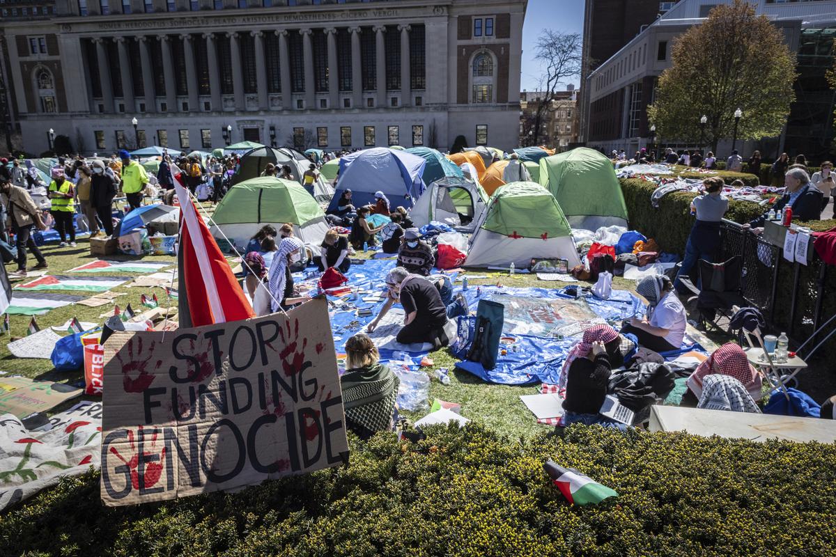 A sign sits erected at the pro-Palestinian demonstration encampment at Columbia University in New York, on April 22, 2024.