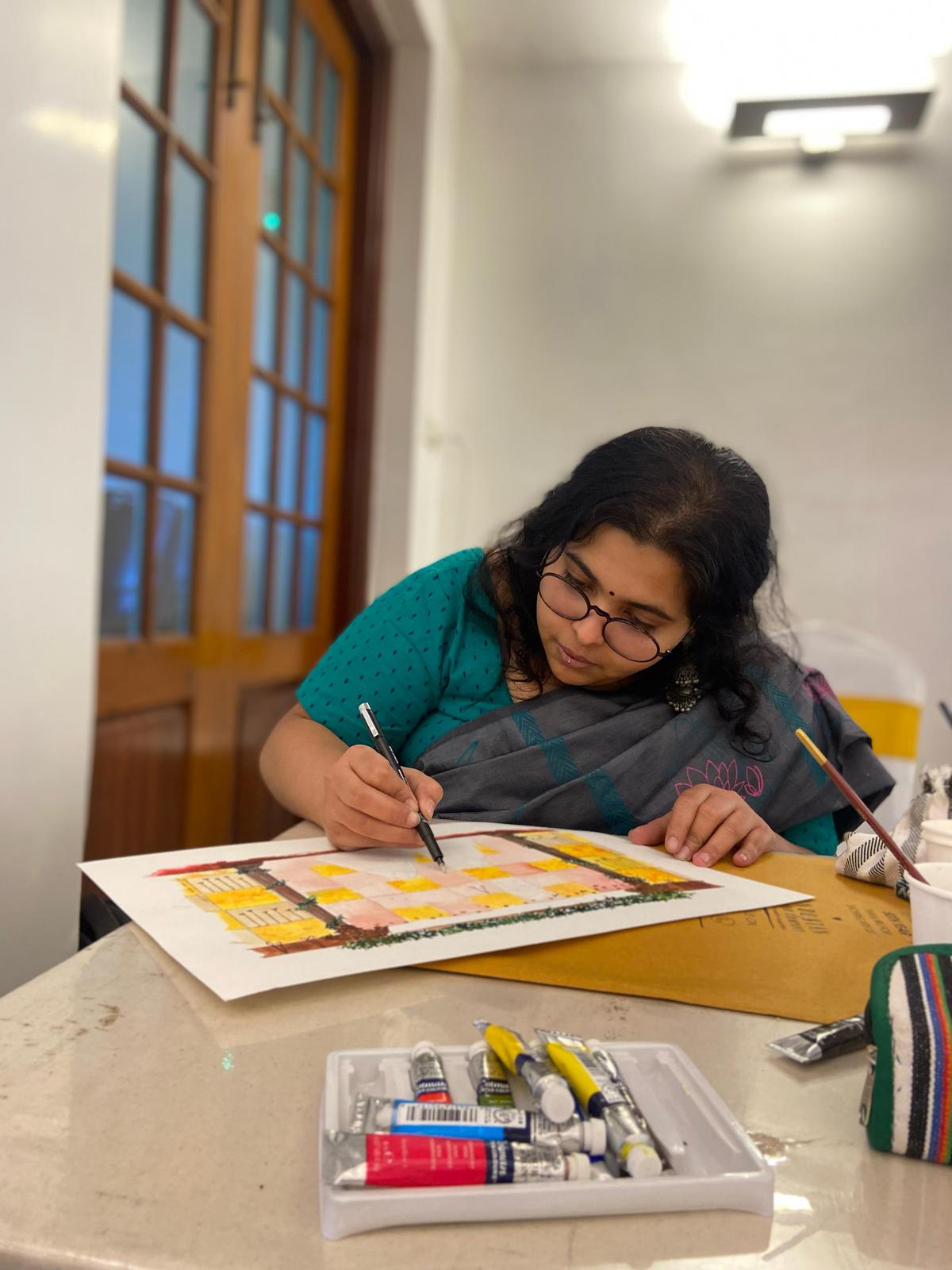 Srishti Prabakar, who runs Anchoredhues, does watercolour wedding painting.