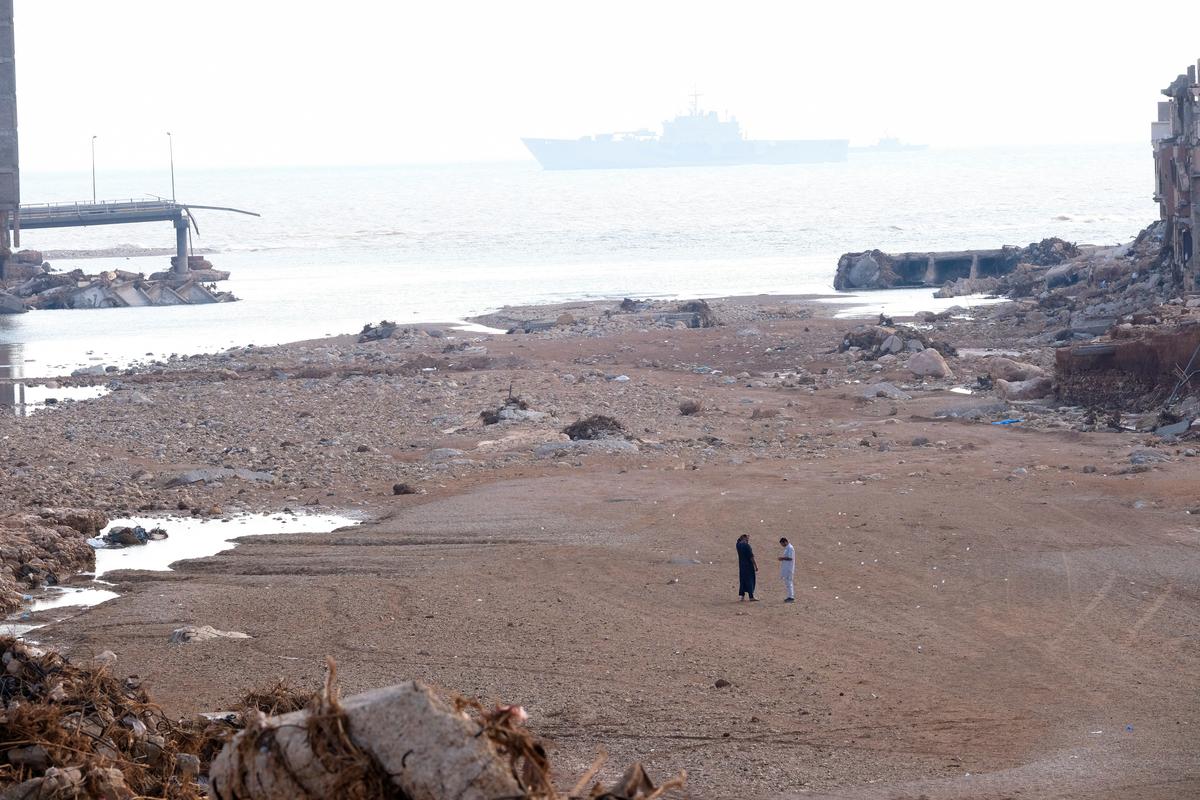A view shows people at beach, in the aftermath of the floods in Derna, Libya on September 16, 2023.