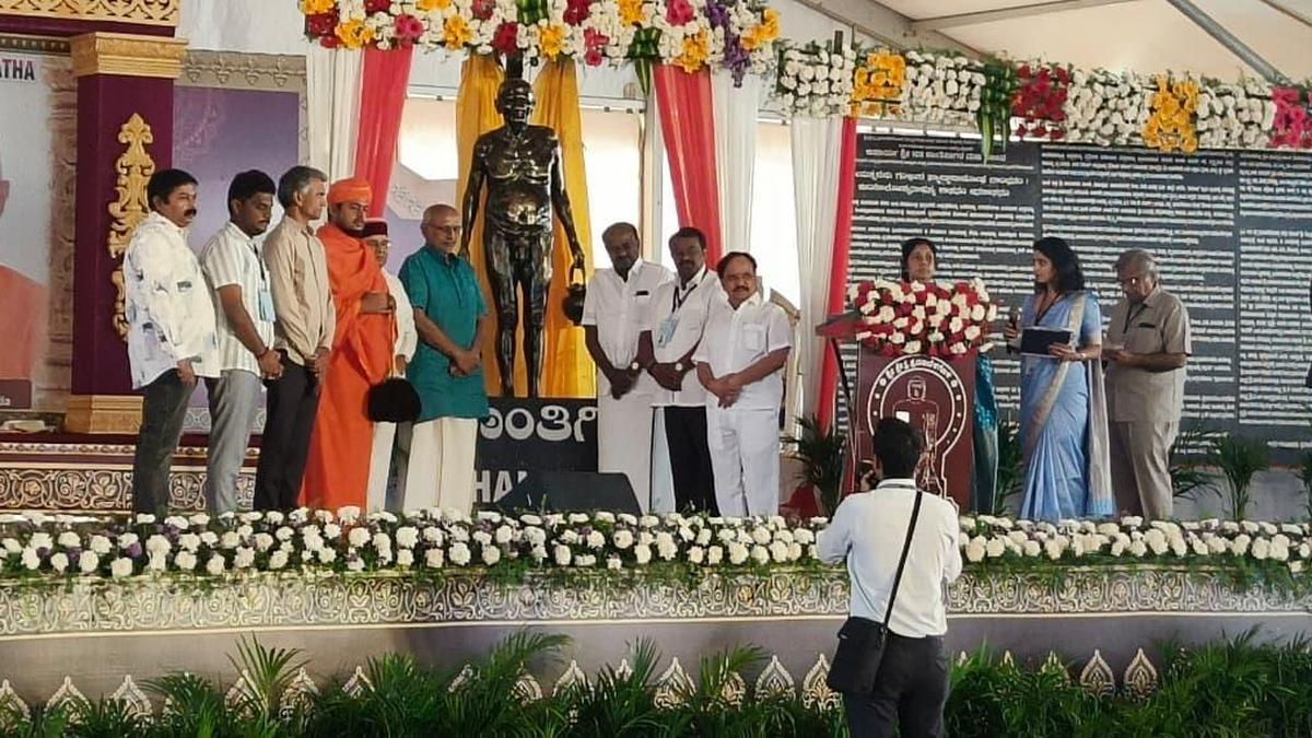 Vice-President C.P. Radhakrishna unveils statue of Shanti Sagar Maharaj in Shravanabelagola