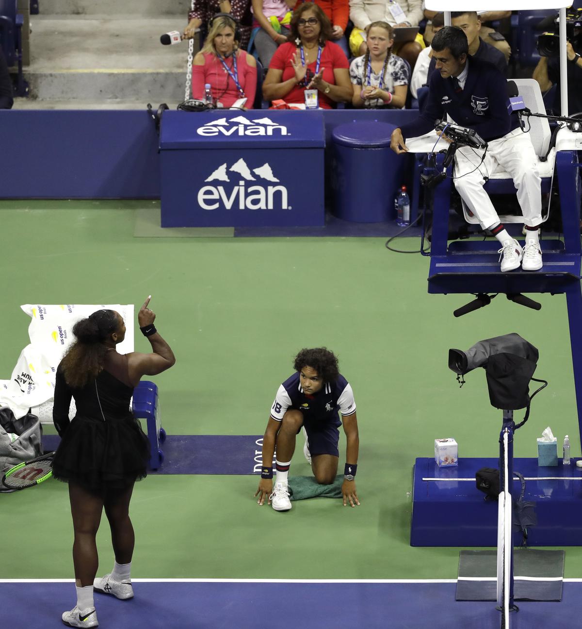 Serena Williams argues with the chair umpire during the women’s final of the U.S. Open tennis tournament against Naomi Osaka.