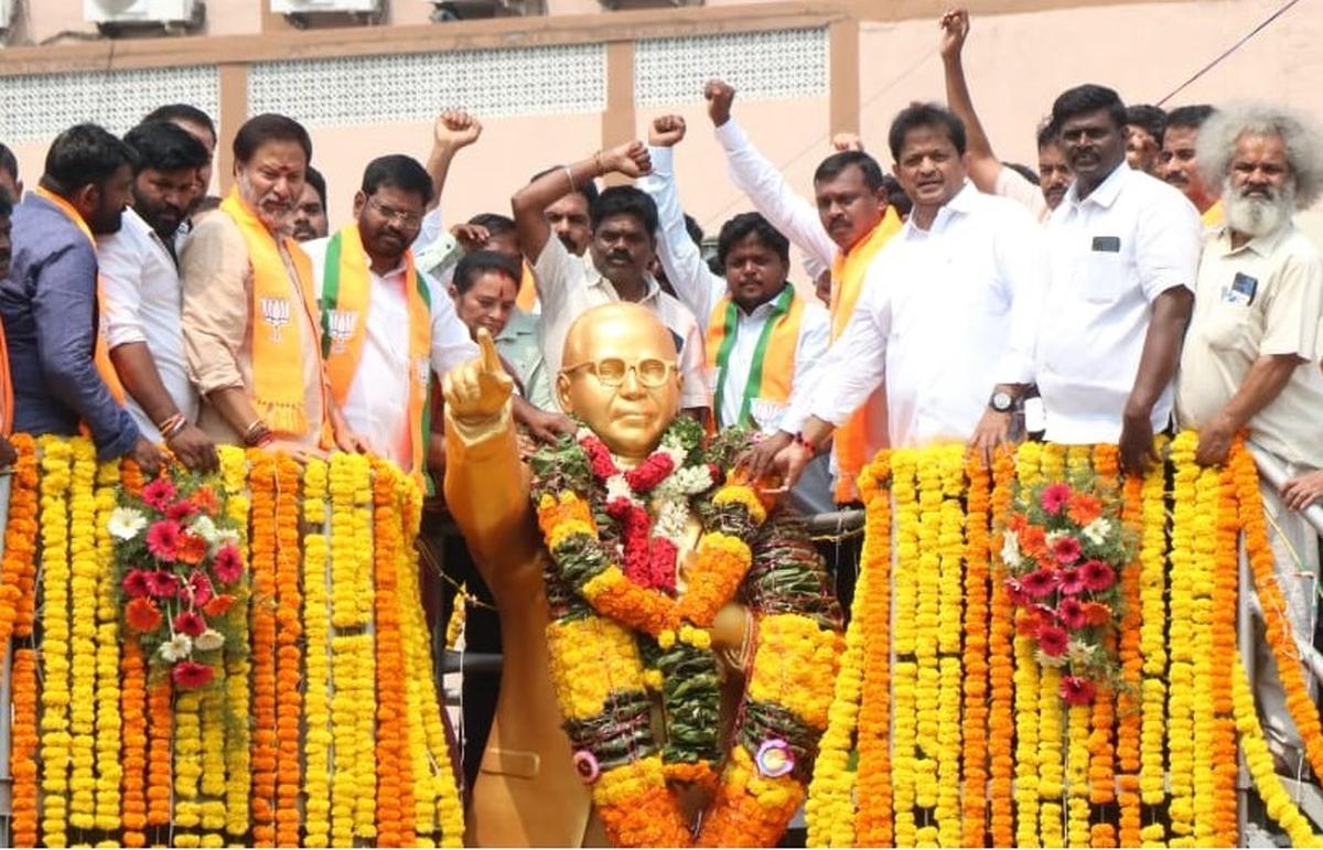 BJP leaders started Swachhata Drive in Ambedkar Circle before deceiving their statue in Tipruati on Monday, marking their 134th anniversary of birth.