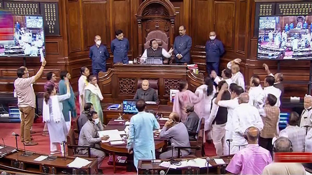 Parliament proceedings | Rajya Sabha suspends 19 Opposition members for ‘willfully obstructing the House’