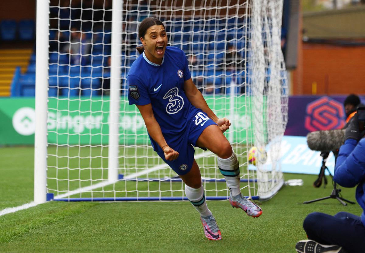 A file photo of Chelsea’s Sam Kerr celebrating scoring a goal. The 29-year-old Australia international has scored 26 goals in 34 club appearances this season at Chelsea, which faces Manchester United in the FA Cup final on Sunday. The team also reached the Champions League semifinals, losing to Barcelona.