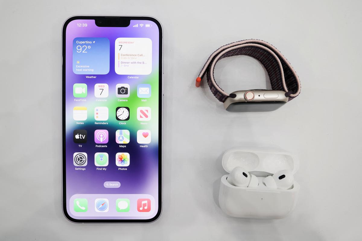 New products are exhibited at an Apple event at their headquarters in Cupertino, California, U.S. on September 7, 2022.