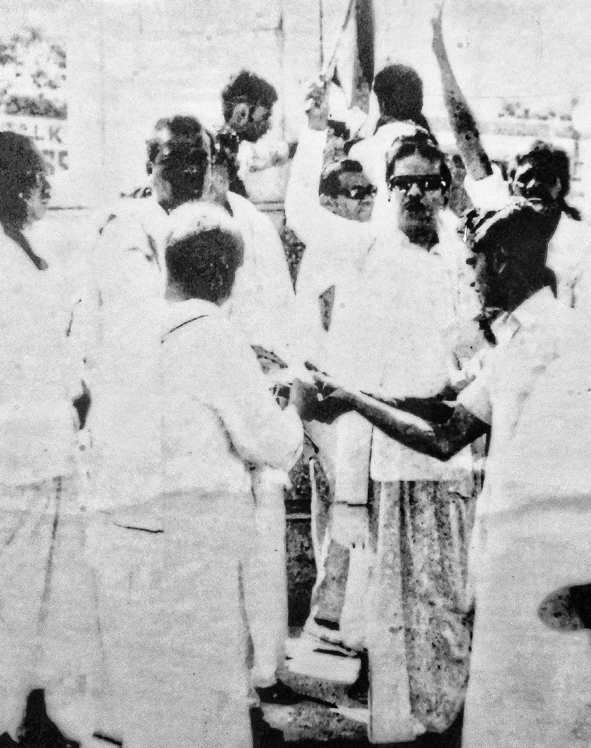 M. Karunanidhi staging a protest against the Emergency rule, on Mount Road in Madras (now Chennai).