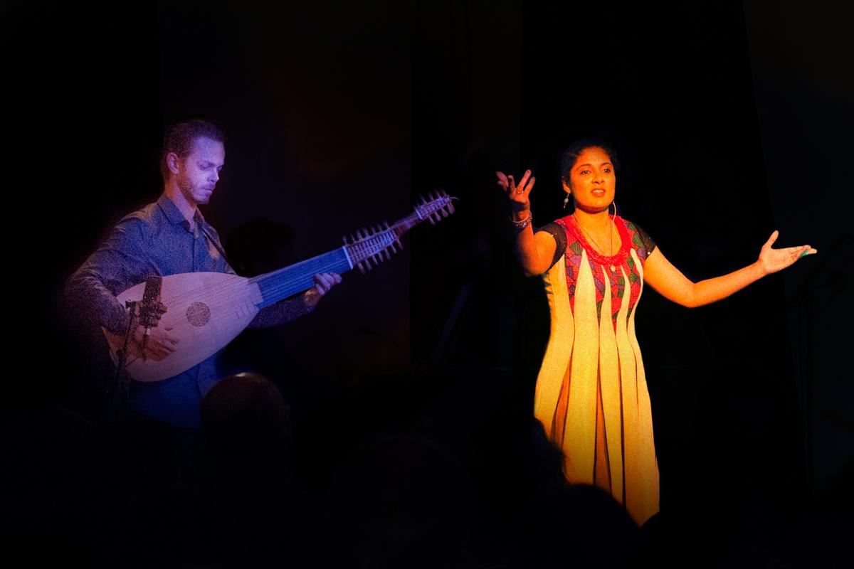 Charulatha performing Claudio Monteverdi’s opera L’Orfeo with the lute artiste at Brisbane in Australia Charulatha performing Claudio Monteverdi’s opera L’Orfeo with the lute artiste at Brisbane in Australia