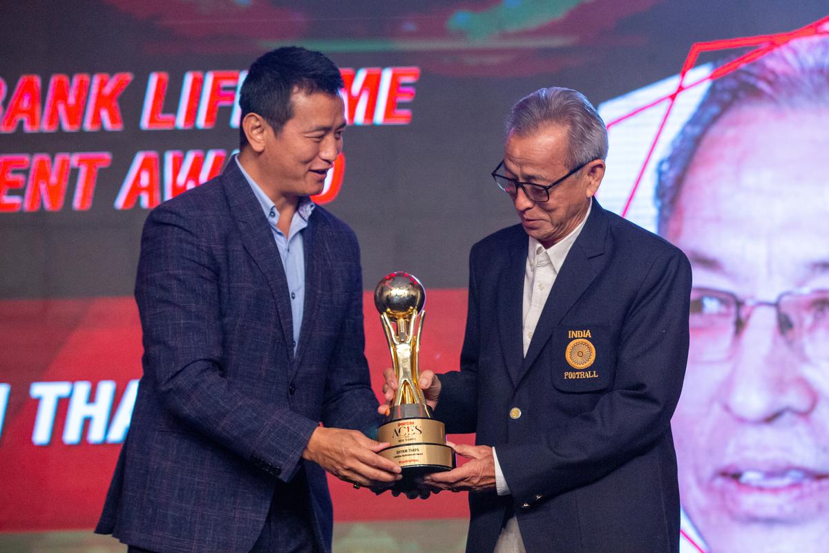 Bhaichung Bhutia and Shyam Thapa during the Sportstar Aces award held at Taj in Mumbai.