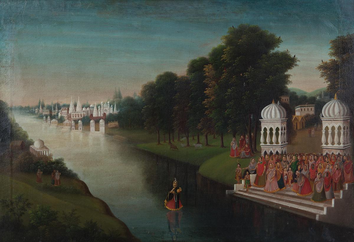 Radha crossing the Yamuna river, oil on canvas